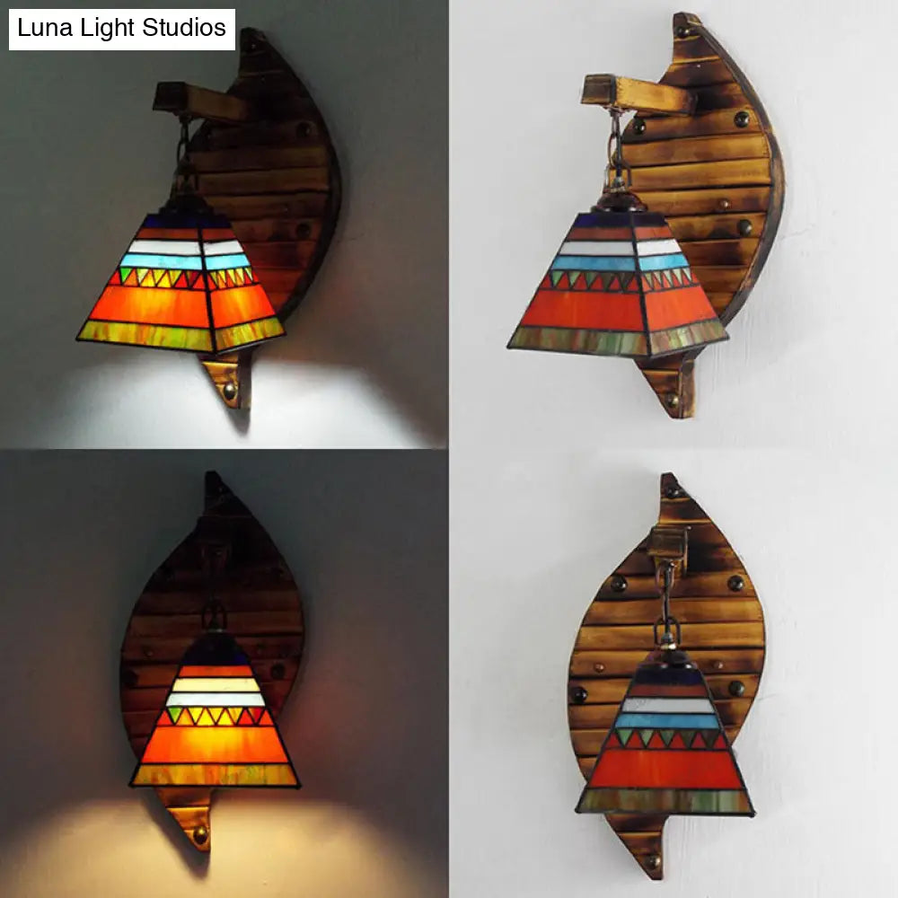 Retro Style Cone Wall Sconce Lamp With Colorful Stained Glass In White/Light Blue/Orange-Red/Yellow