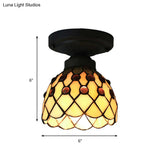 Retro-Style Cup Shade Semi Flush Mount Ceiling Light - Purple/Beige Glass Fixture With Jewel