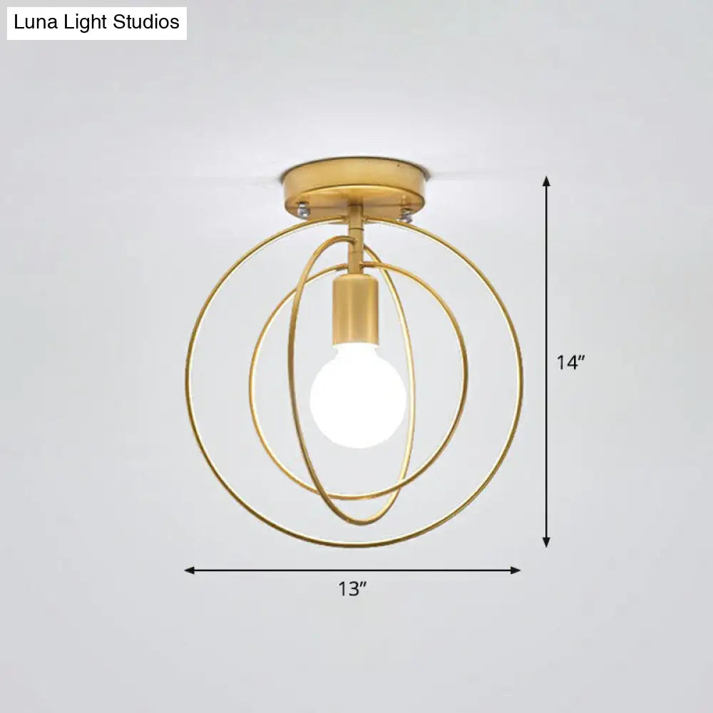 Retro Style Geometric Iron Semi Flush Mount Lighting For Corridor Gold / Round