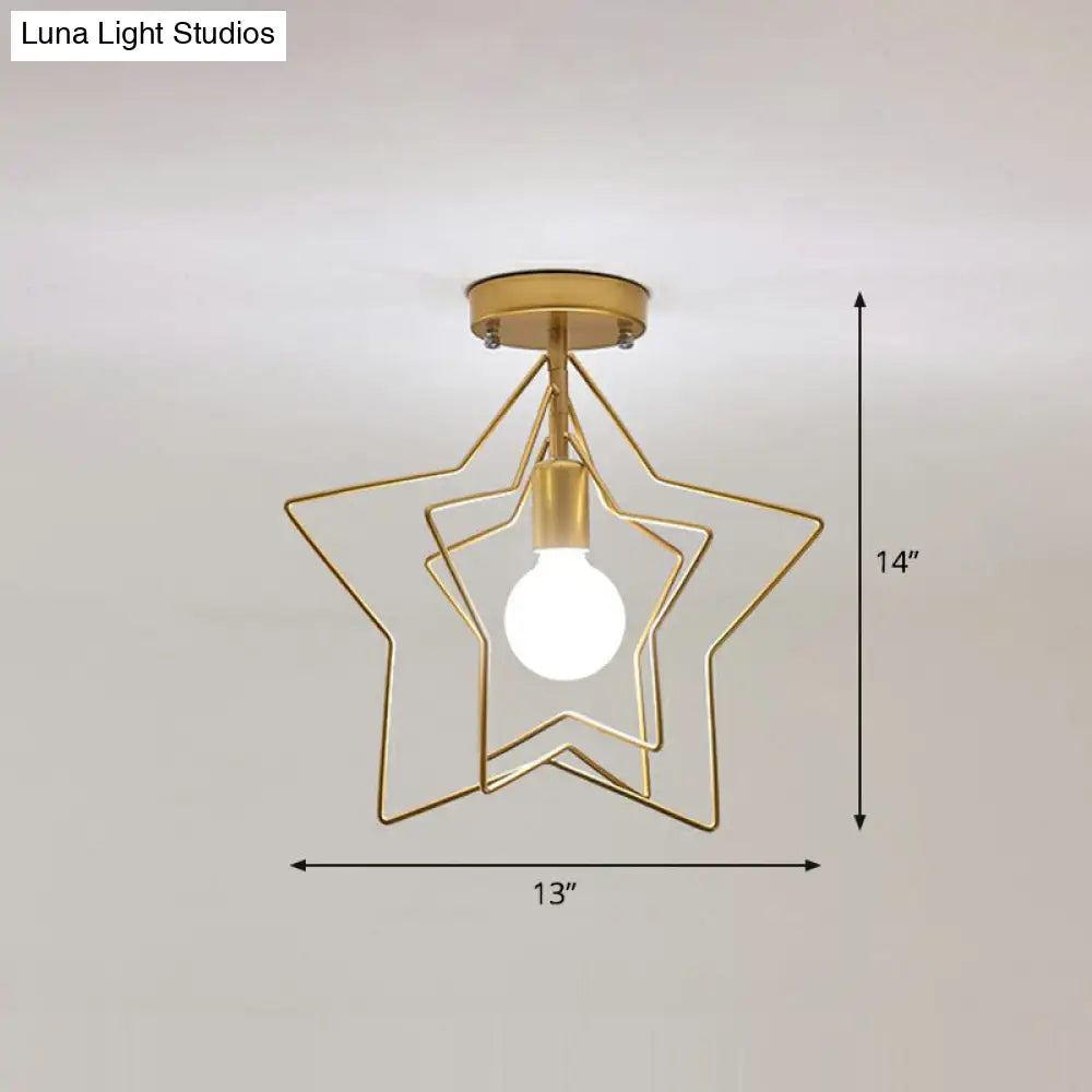 Retro Style Geometric Iron Semi Flush Mount Lighting For Corridor Gold / Star