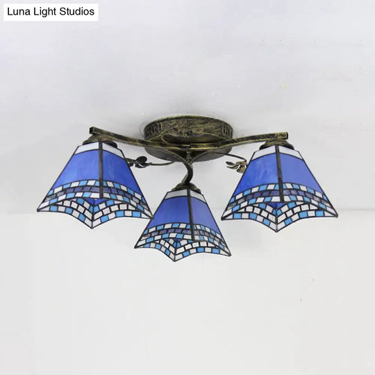 Retro Style Geometric Stained Glass Ceiling Light Fixture - 3 Lights With Wire Mesh And Elegant