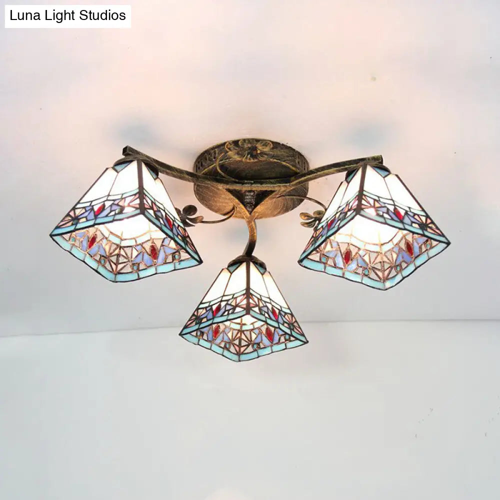 Retro Style Geometric Stained Glass Ceiling Light Fixture - 3 Lights With Wire Mesh And Elegant