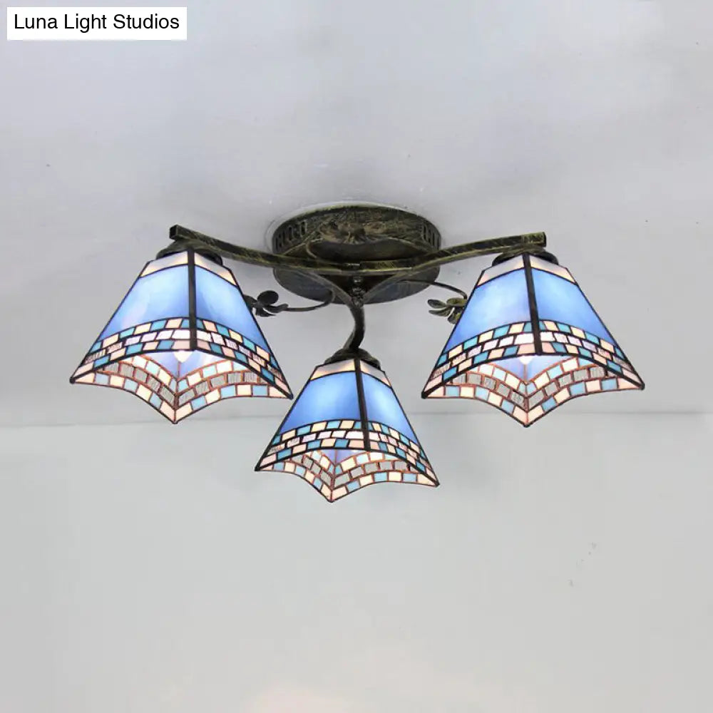 Retro Style Geometric Stained Glass Ceiling Light Fixture - 3 Lights With Wire Mesh And Elegant