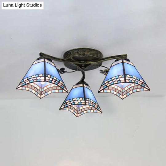 Retro Style Geometric Stained Glass Ceiling Light Fixture - 3 Lights With Wire Mesh And Elegant