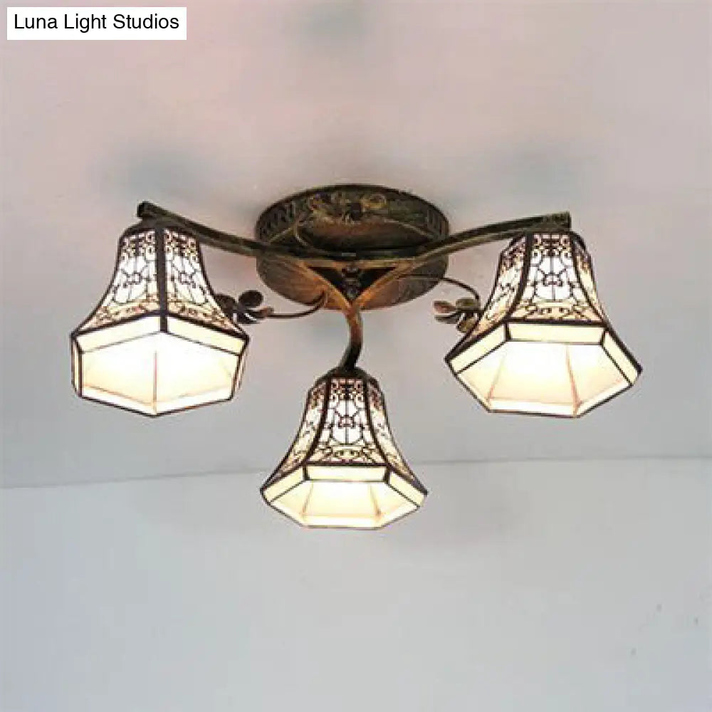 Retro Style Geometric Stained Glass Ceiling Light Fixture - 3 Lights With Wire Mesh And Elegant