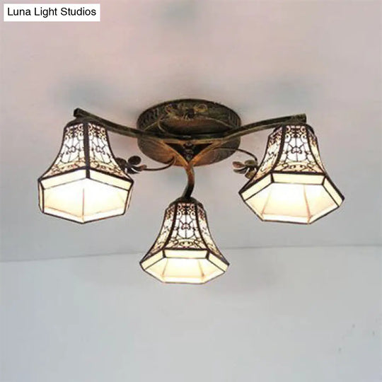 Retro Style Geometric Stained Glass Ceiling Light Fixture - 3 Lights With Wire Mesh And Elegant