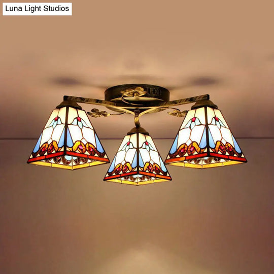 Retro Style Geometric Stained Glass Ceiling Light Fixture - 3 Lights With Wire Mesh And Elegant