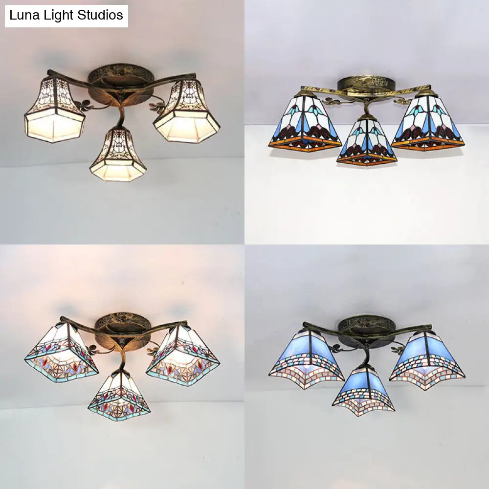 Retro Style Geometric Stained Glass Ceiling Light Fixture - 3 Lights With Wire Mesh And Elegant