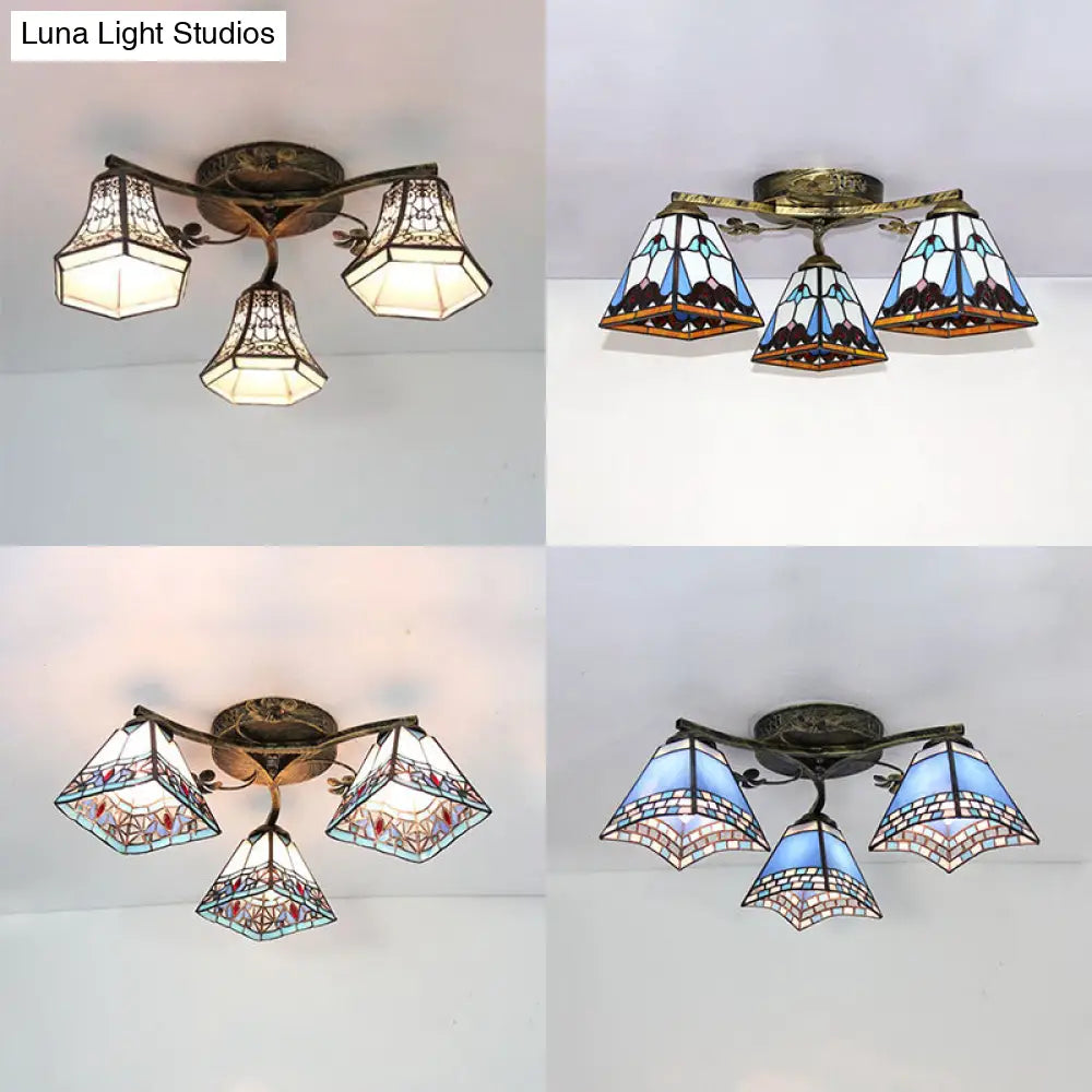 Retro Style Geometric Stained Glass Ceiling Light Fixture - 3 Lights With Wire Mesh And Elegant