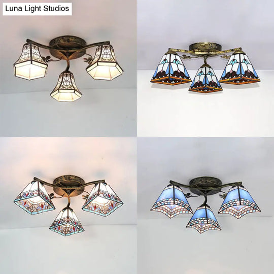Retro Style Geometric Stained Glass Ceiling Light Fixture - 3 Lights With Wire Mesh And Elegant