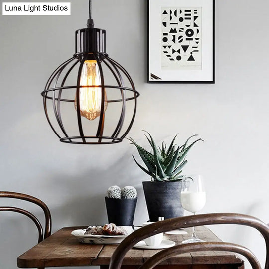 Retro-Style Black Pendant Lamp: 1-Light Global Cage Shade Metallic Ceiling Fixture For Restaurants