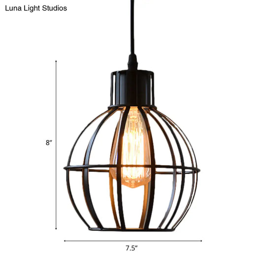 Retro Style Global Cage Pendant Lamp - Metallic Ceiling Fixture For Restaurant In Black