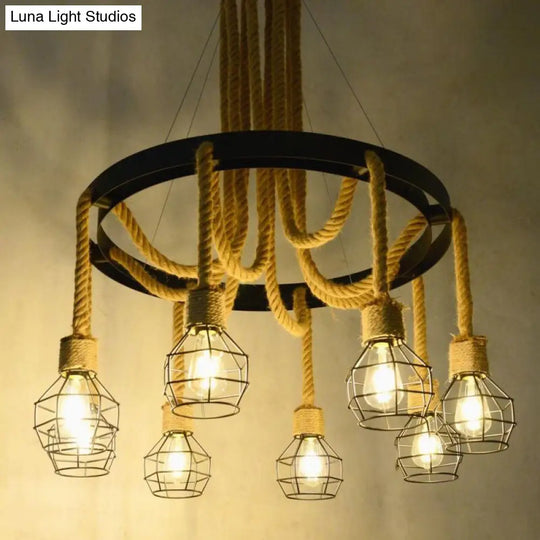 Retro-Style Metallic Ceiling Light With Hemp Rope For Restaurants - Black Grenade Chandelier 8 /