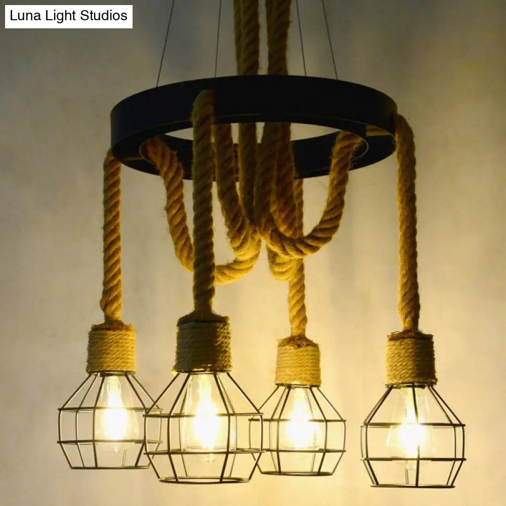 Retro-Style Metallic Ceiling Light With Hemp Rope For Restaurants - Black Grenade Chandelier 4 /