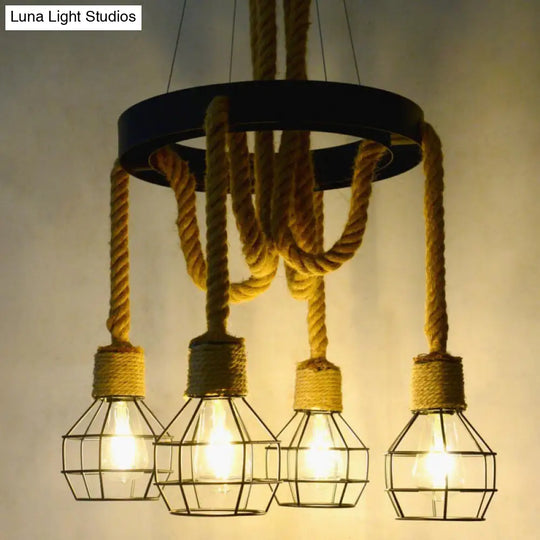 Retro-Style Metallic Ceiling Light With Hemp Rope For Restaurants - Black Grenade Chandelier 4 /