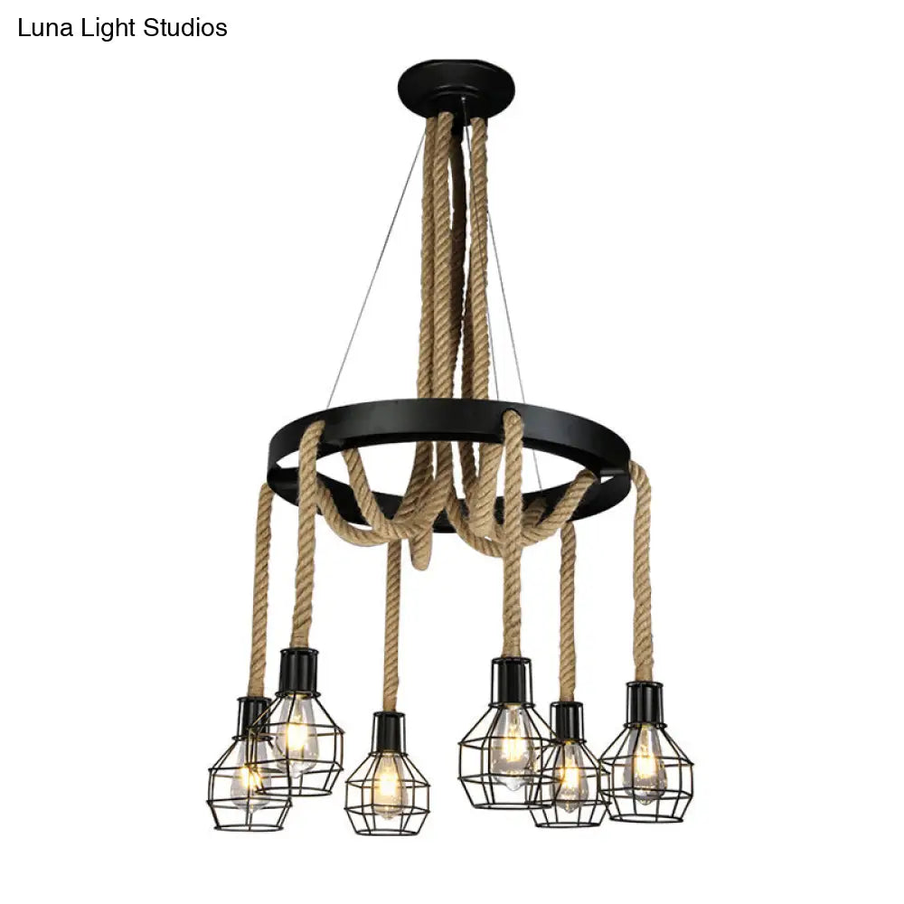 Retro-Style Grenade Ceiling Light With Black Hemp Rope For Restaurants