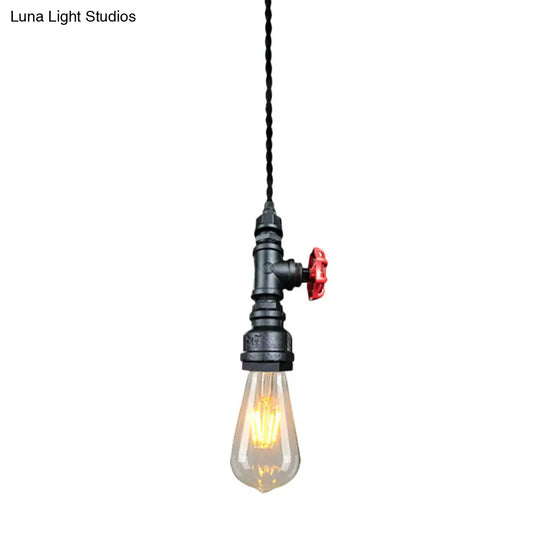 Retro Style Iron Water Valve Pendant Light Fixture With 1 Bulb Bar Suspension Black