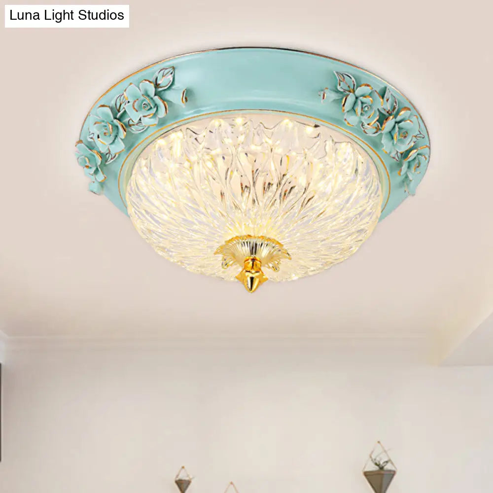 Retro Style Led Flush Ceiling Lamp In Blue For Dining Room - Bowl Up Design Clear Glass 11/15 W / 11