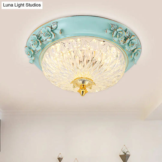 Retro Style Led Flush Ceiling Lamp In Blue For Dining Room - Bowl Up Design Clear Glass 11/15 W / 11