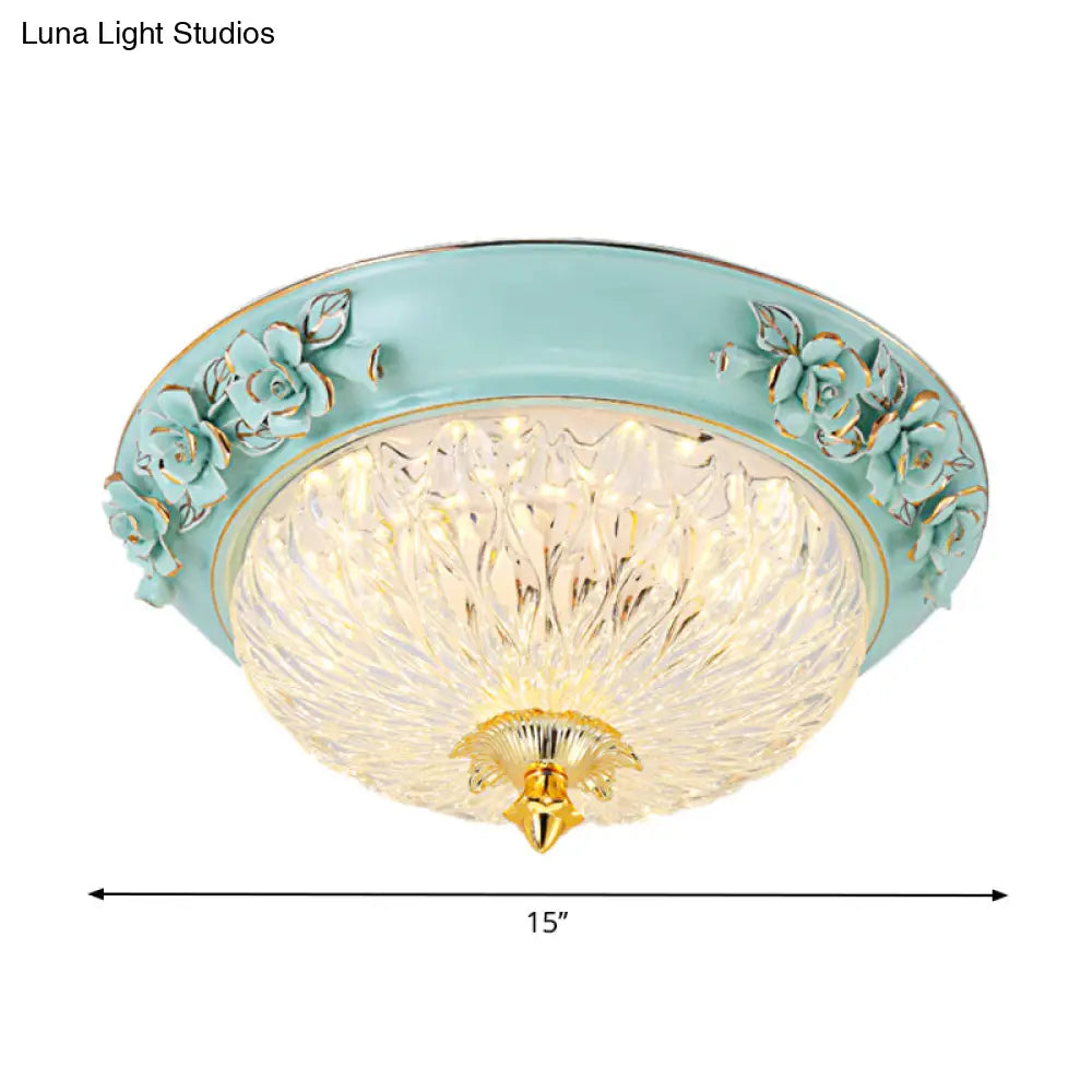 Retro Style Led Flush Ceiling Lamp In Blue For Dining Room - Bowl Up Design Clear Glass 11’/15’ W