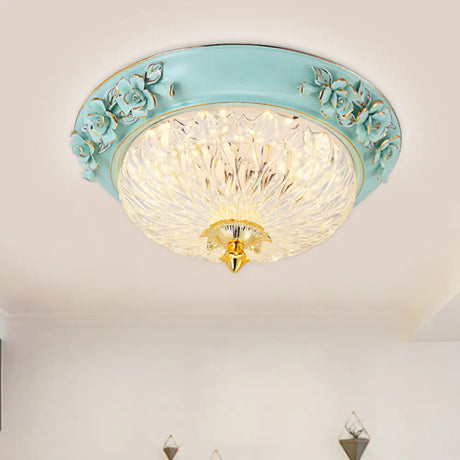 Retro Style Led Flush Ceiling Lamp In Blue For Dining Room - Bowl Up Design Clear Glass 11’/15’