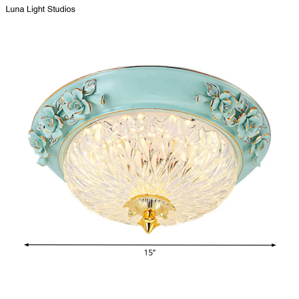 Retro Style Led Flush Ceiling Lamp In Blue For Dining Room - Bowl Up Design Clear Glass 11/15 W