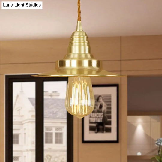 Retro Style Metal Brass Finish Pendant Light With Flat Shade - 1-Light Ceiling Fixture For Table