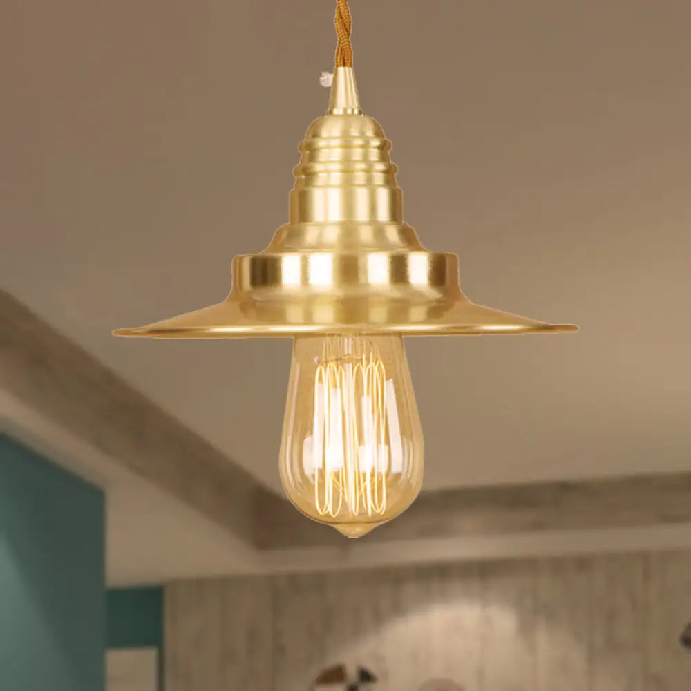 Retro Style Metal Brass Finish Pendant Light With Flat Shade - 1-Light Ceiling Fixture For Table /