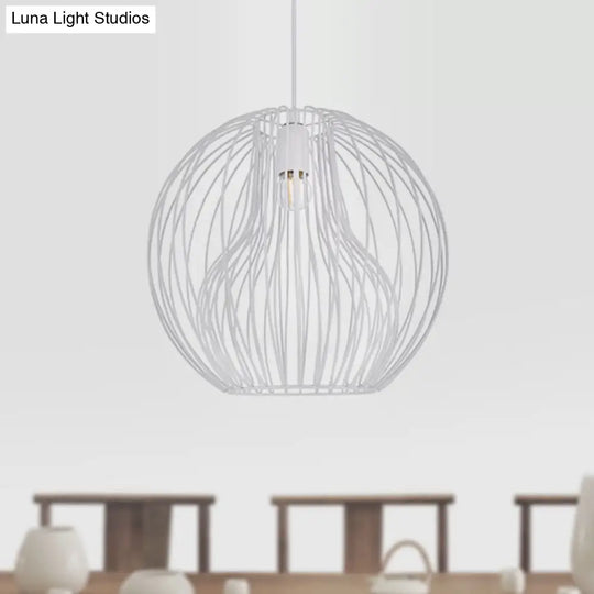 Retro Style Metal Hanging Lamp - Black/White Pendant Light For Dining Room With Cage Shade