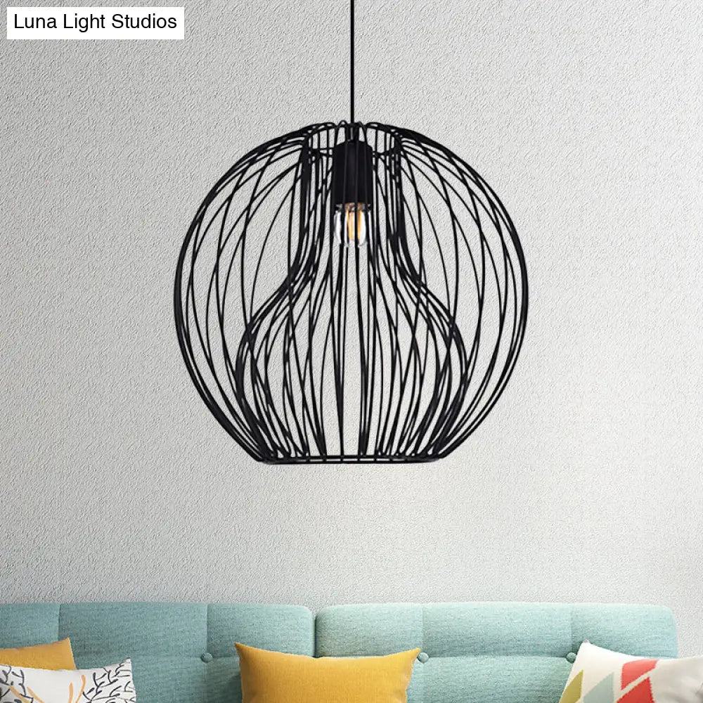Retro Style Metal Hanging Lamp - Black/White Pendant Light For Dining Room With Cage Shade