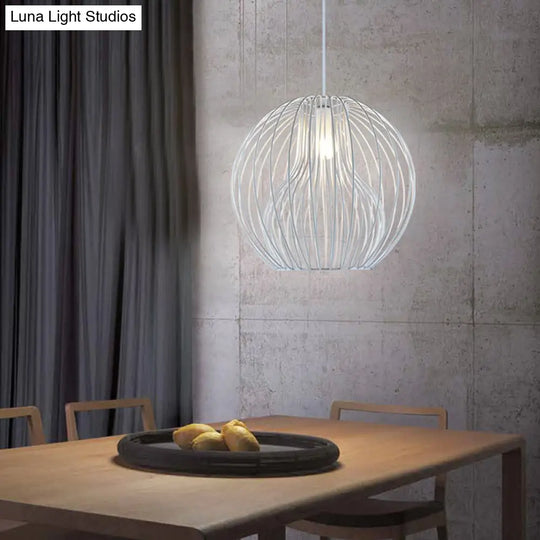 Retro Style Metal Hanging Lamp - Black/White Pendant Light For Dining Room With Cage Shade