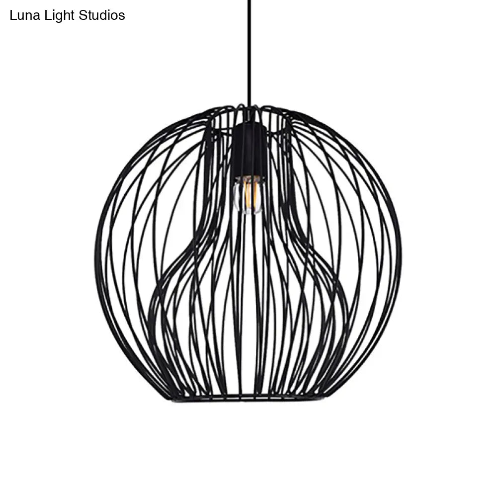 Retro Style Metal Hanging Lamp - Black/White Pendant Light For Dining Room With Cage Shade