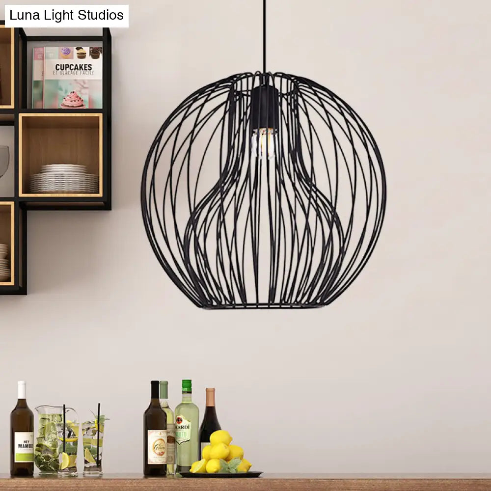 Retro Style Metal Hanging Lamp - Black/White Pendant Light For Dining Room With Cage Shade