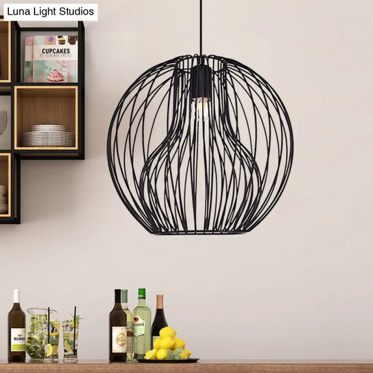 Retro Style Metal Hanging Lamp - Black/White Pendant Light For Dining Room With Cage Shade
