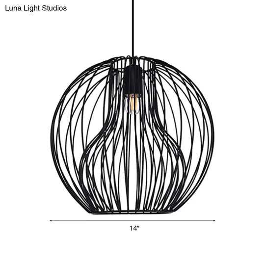 Retro Style Metal Hanging Lamp - Black/White Pendant Light For Dining Room With Cage Shade