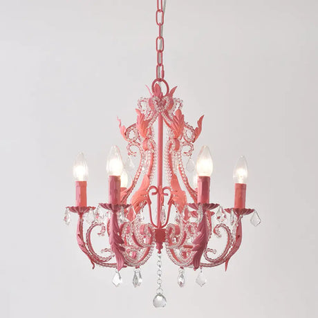 Retro Style Metallic Chandelier With Crystal Beaded Arms - 6 Bulb Suspension Light Rose Red