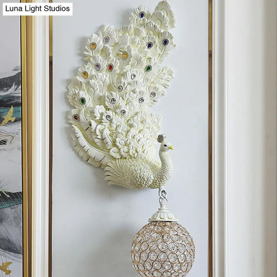 Retro Style Peacock Wall Sconce Light With Clear K9 Crystal Shade In White/Blue/Green - Left/Right