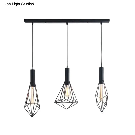 Retro Style Polygon Ceiling Light With Cage Shade - 3 Lights Black Metallic