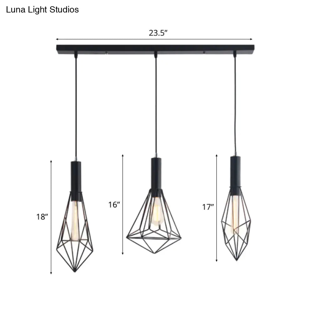 Retro Style Polygon Ceiling Light With Cage Shade - 3 Lights Black Metallic