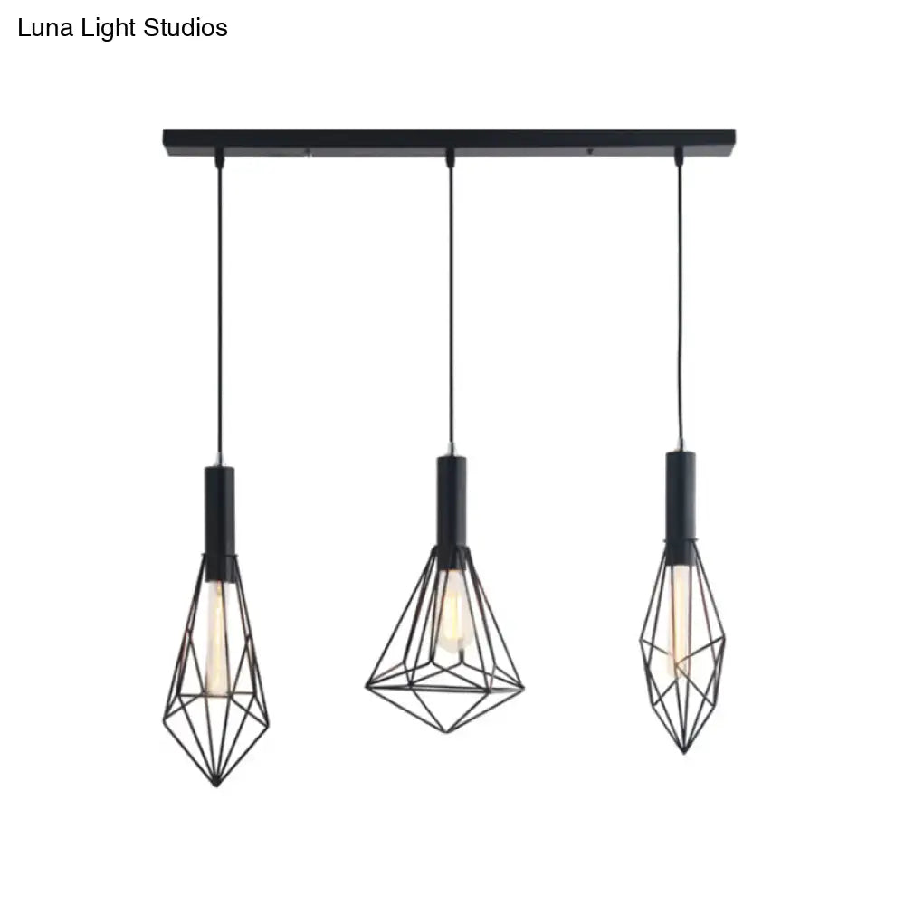 Retro Style Cage Shade Ceiling Light Fixture - Black Metallic Suspended Pendant For Dining Room