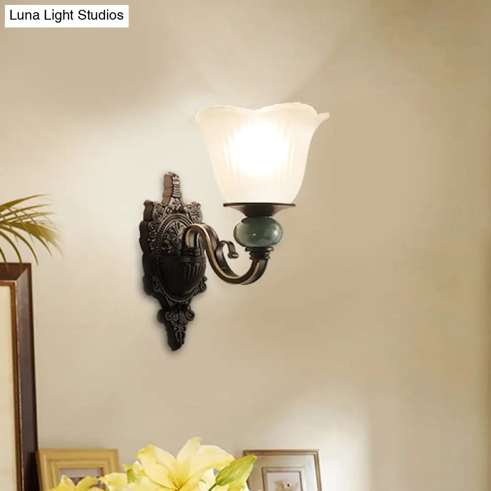 Retro Style Ribbed Glass Floral Wall Lighting In Black For Living Room Mount