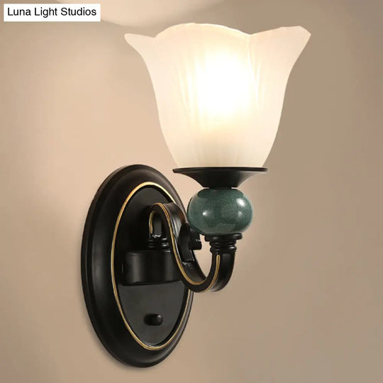 Retro Style Ribbed Glass Floral Wall Lighting In Black For Living Room Mount
