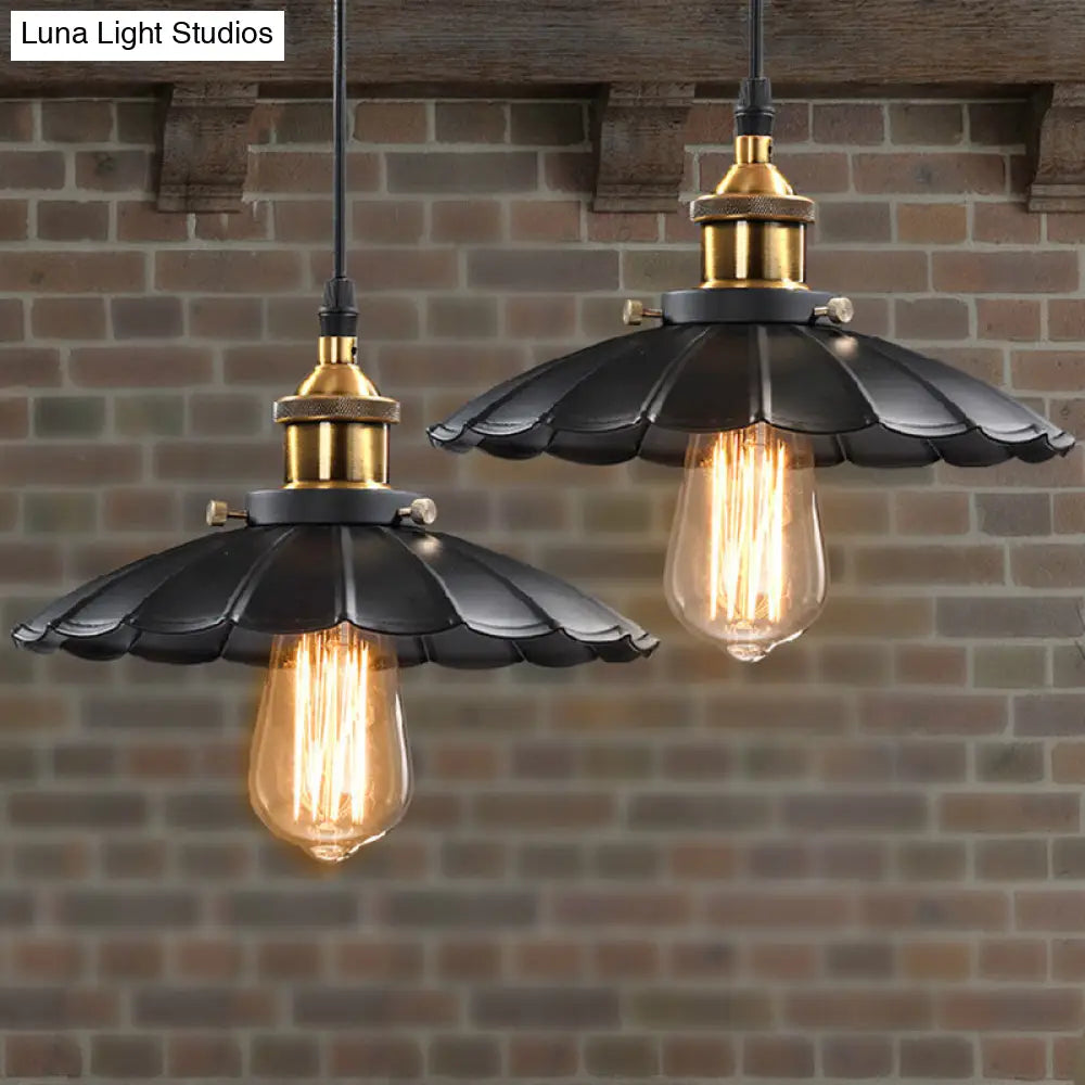 Retro Style Single-Bulb Black Metal Pendant Ceiling Light- Scalloped Cone Design For Restaurants