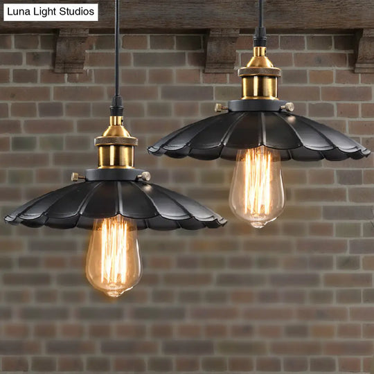 Retro Style Single-Bulb Black Metal Pendant Ceiling Light- Scalloped Cone Design For Restaurants