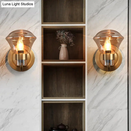 Retro-Style Smoke Gray/Amber Glass Bell Wall Sconce - Brass Mount Light Fixture (1 Bulb)
