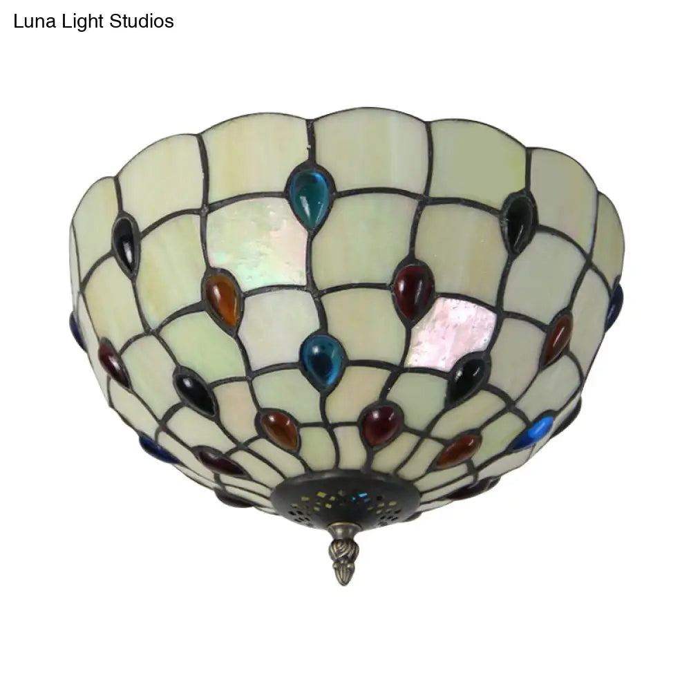 Retro Style Stained Glass Ceiling Light - Wide Bowl Design 12/16/19.5-Inch Flushmount