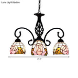 Retro Style Stained Glass Floral Chandelier - 3-Light Domed Fixture In Pink