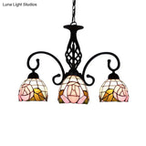 Retro Style Stained Glass Floral Chandelier - 3-Light Domed Fixture In Pink