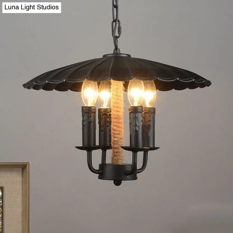 Retro Style Wavy Pendant Light With 4 Metal Candle Bulbs In Black - Ideal For Dining Room