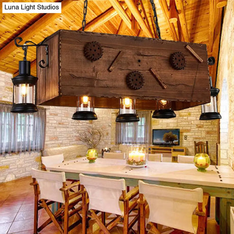 Retro Style Wood And Metal Chandelier: Rectangle Kitchen Light 5 Lights Brown Lantern Shade